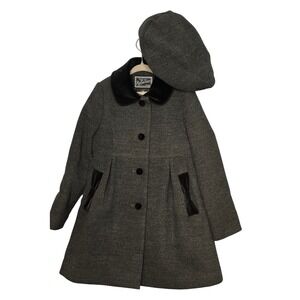 Rothschild Girls 6X Wool Blend Coat with Matching Hat Dark Gray Velvet Trim Bows